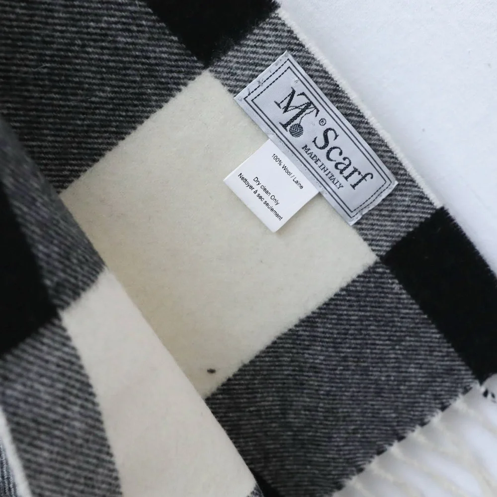 MT Linea Emmeti Luxury 100% Soft Wool Scarf plaid unisex mens womens ivory black